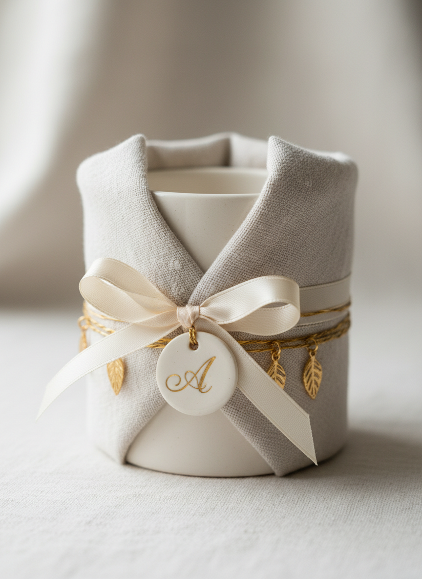 Close-up premium photograph of a personalized ceramic mug wrapped as an elegant gift with soft cream ribbon and warm gold accents, off-white linen background, soft natural light, refined and aspirational, luxury gifting mood