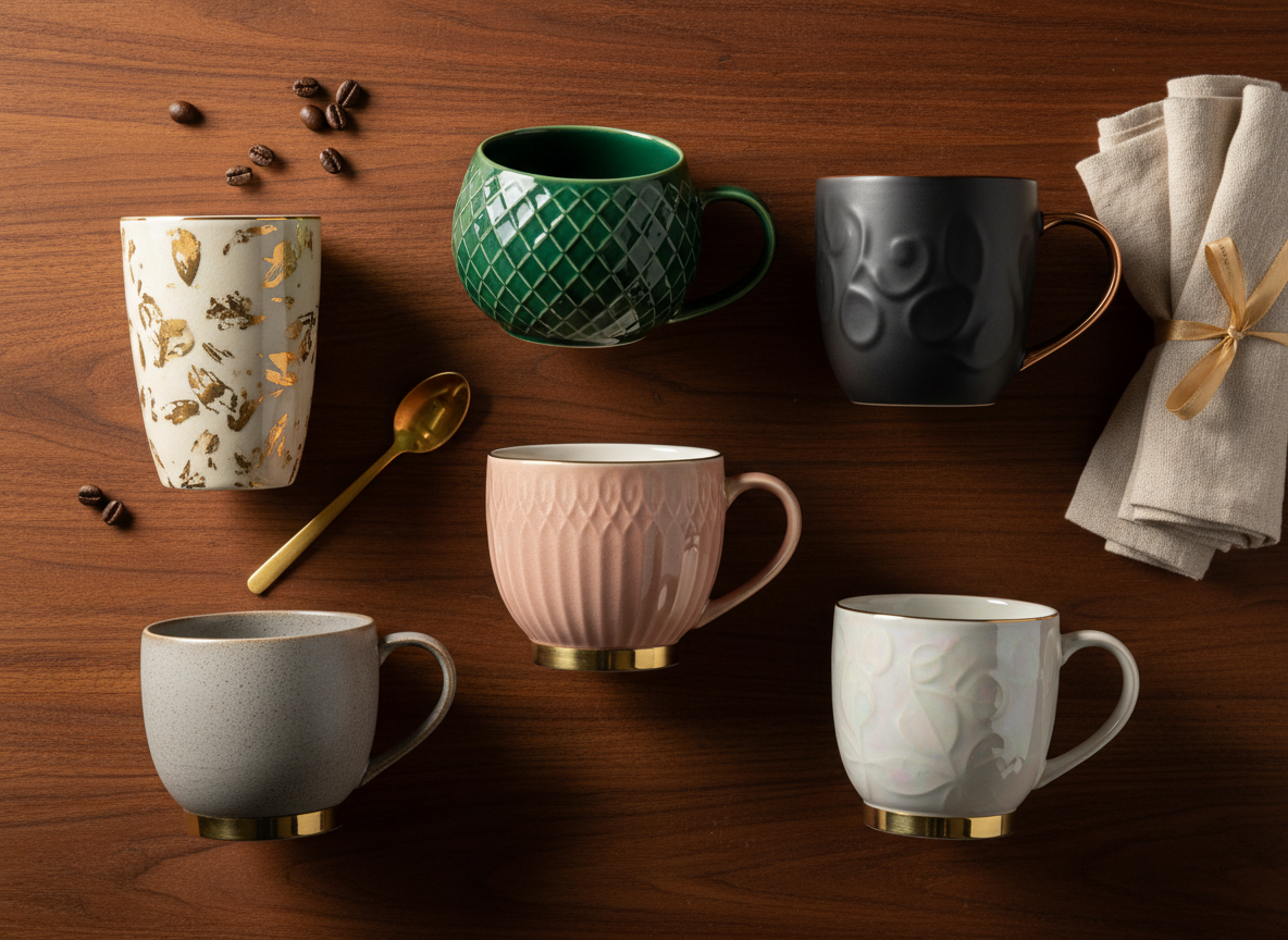 Premium flat-lay style photograph of a curated collection of several elegant custom ceramic mugs in varied refined designs, arranged on a dark warm-toned surface with soft gold lighting, luxury product catalog aesthetic