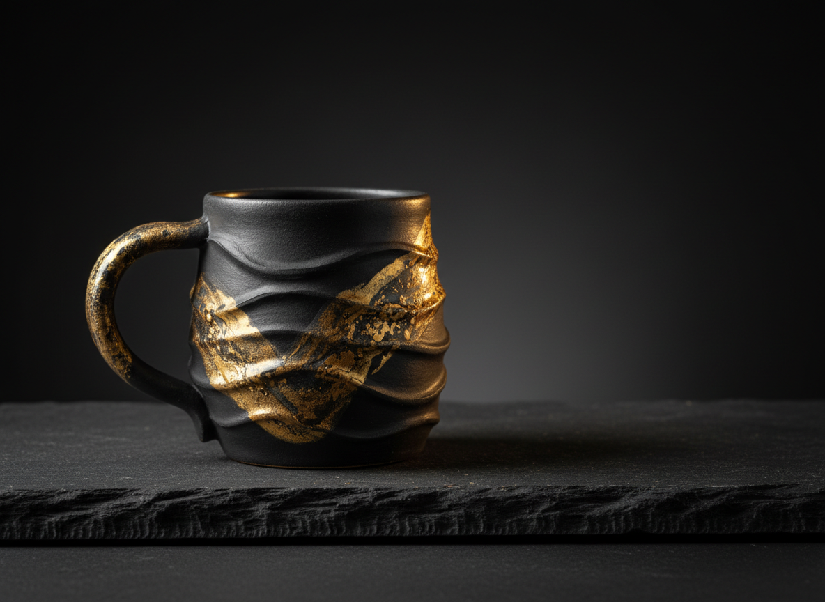 Premium product photography for King Kupaları: an elegant handcrafted ceramic mug on a dark charcoal stone surface, subtle warm golden studio lighting, refined luxury e-commerce aesthetic, deep shadows but clearly visible details, sophisticated black and gold color palette, minimal uncluttered composition with generous negative space for white headline text, no logos, no lettering, no watermark.